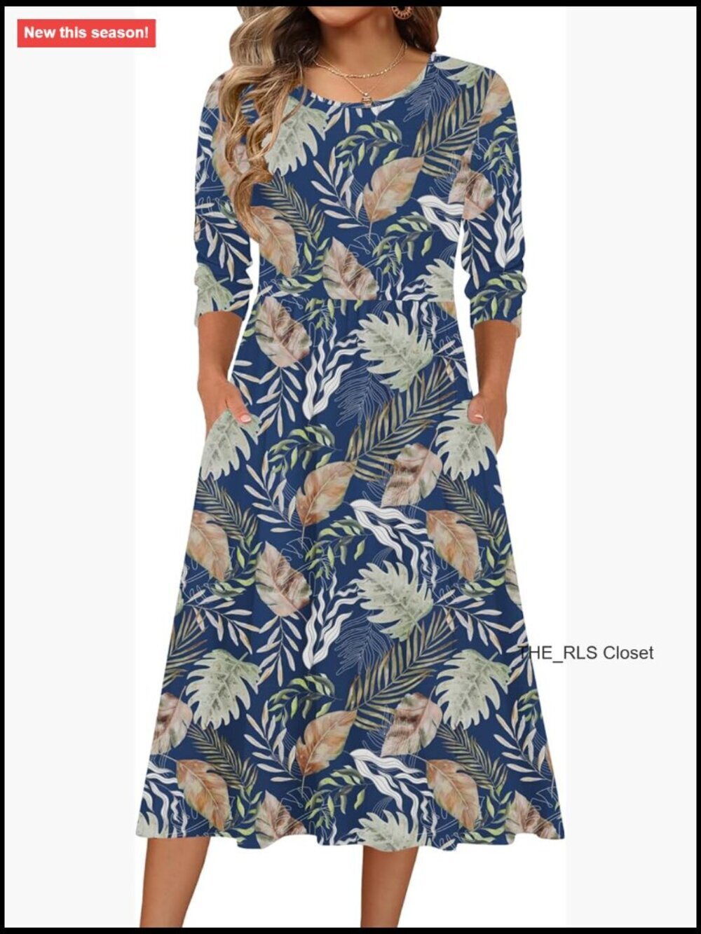 3/4 Sleeve Midi Tshirt Dress with Pockets, Casual Flowy A-Line